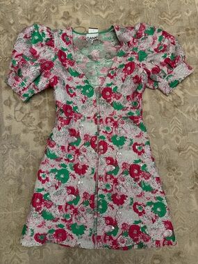GANNI Jacquard Pink & Green Floral Puff-Sleeve Mini Dress